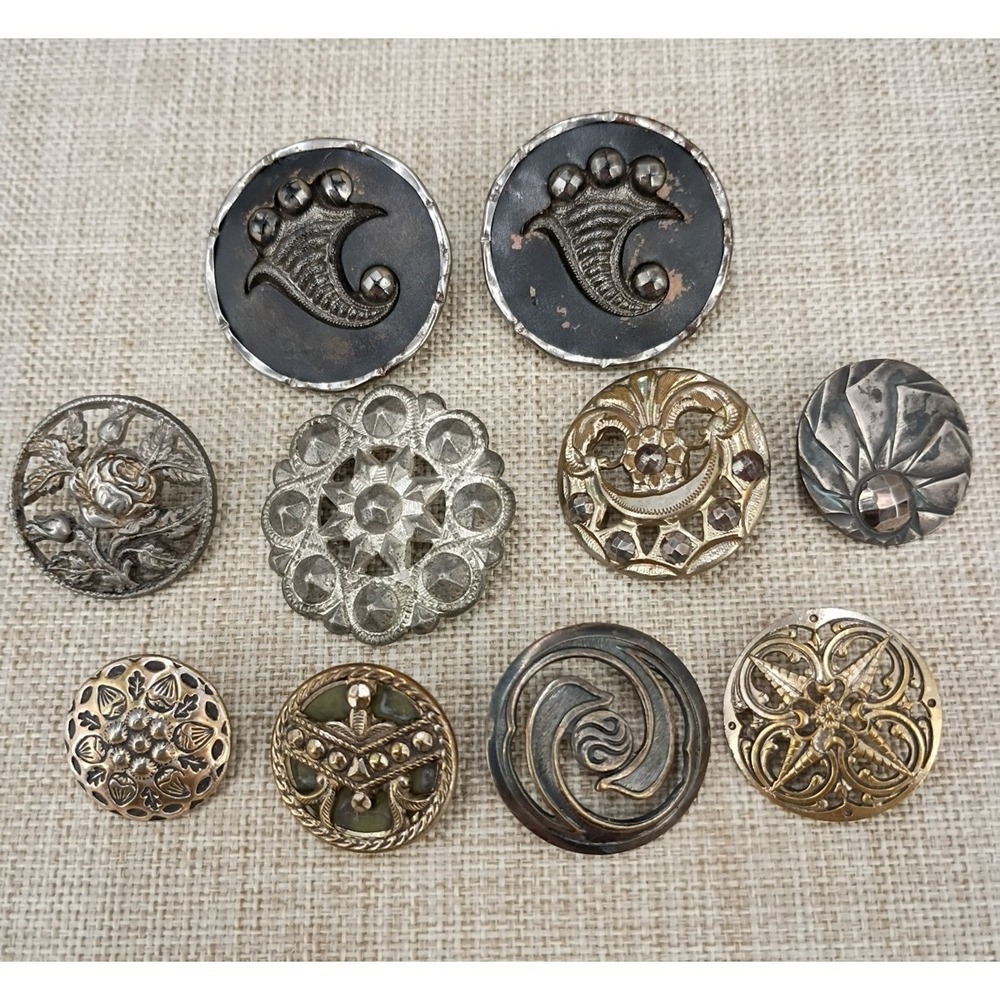 Antique Brass Steel Cut Button Lot Art Nouveau Pierced Floral Shank High Relief